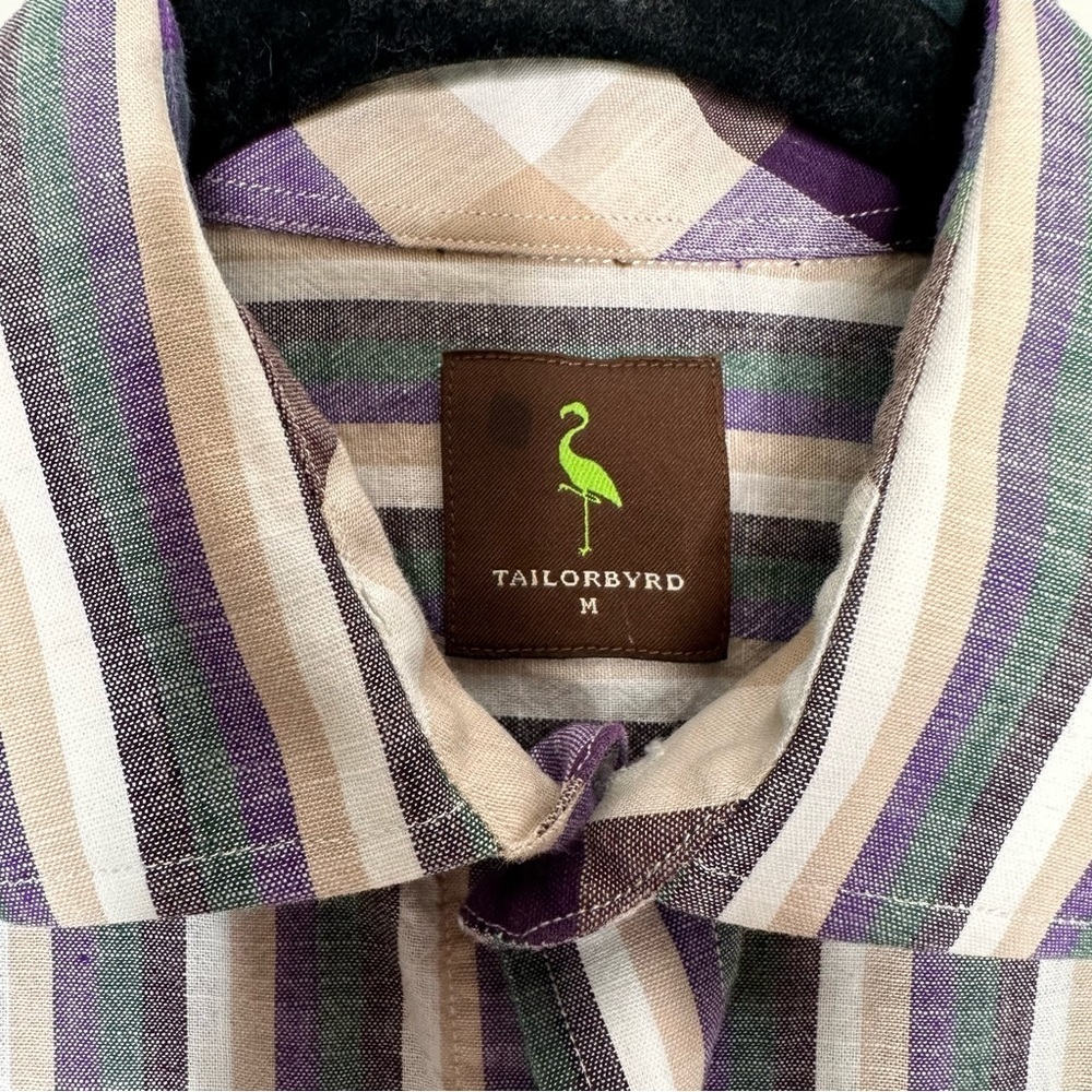 Mens Tailorbyrd Button Down Collared Shirt Cotton Medium Long Sleeve Striped Top - Picture 4 of 8